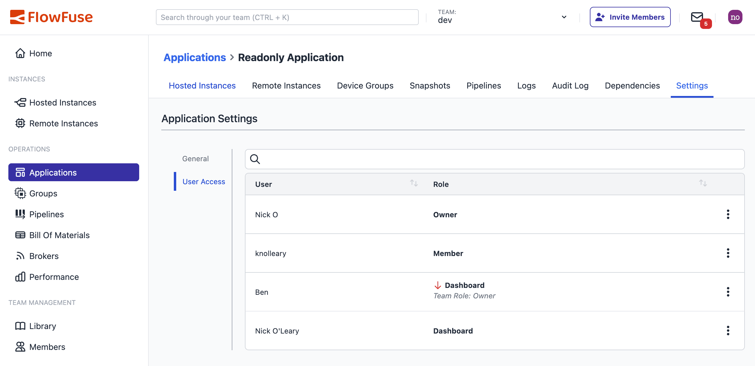 Application RBAC Settings