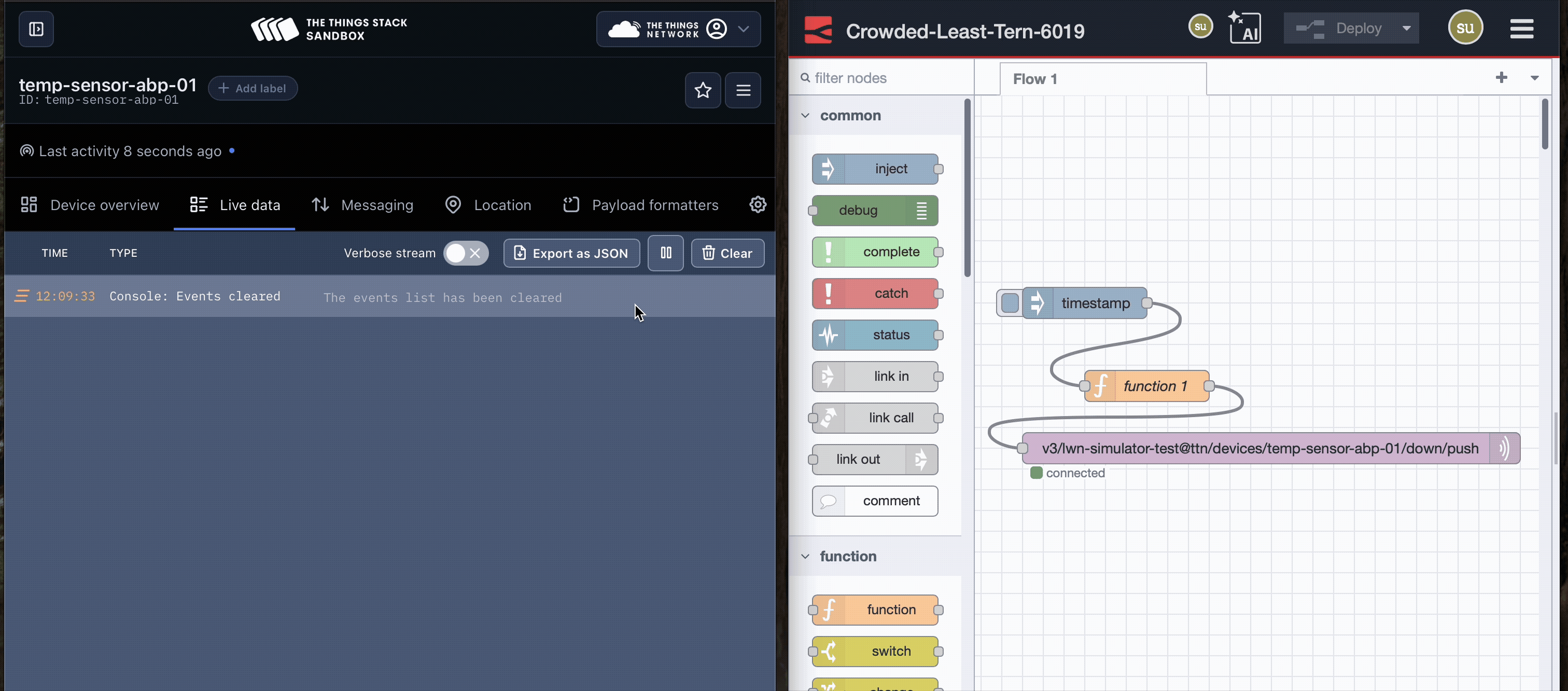 Image showing TTN console with live Downlink messages on the left and FlowFuse debug panel with processed sensor data on the right