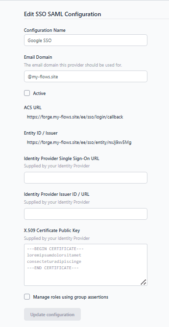 Screenshot of advance sso form showing the ACS URL and Entity ID and other feilds for configuration "Screenshot of advance sso form showing the ACS URL and Entity ID and other feilds for configuration"